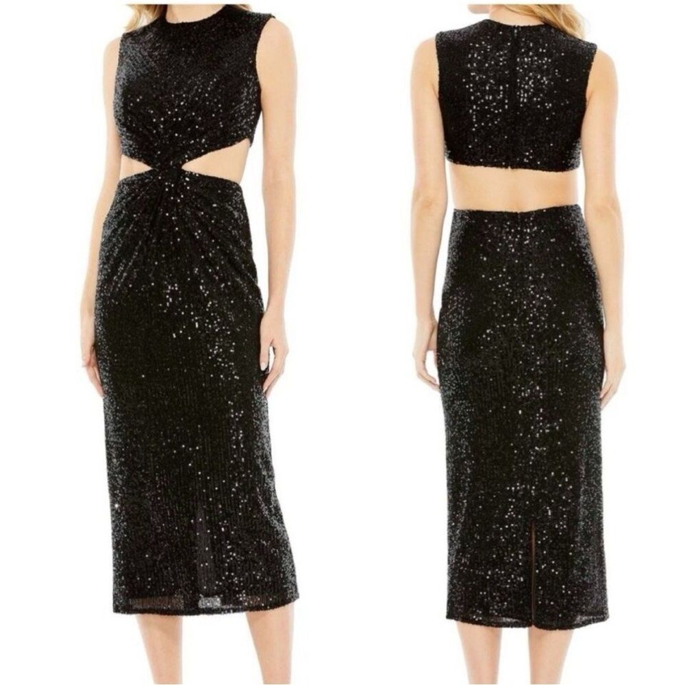 Ieena for Mac Duggal 27022 Black Cutout Dress Size 6 Sequin Midi Gown NEW